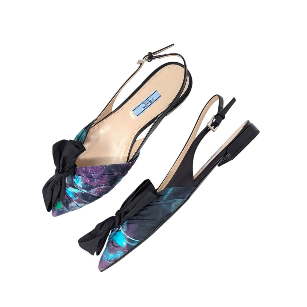 Prada Limited Edition Pointed Toe Slingback Bow Flat Purple Black Print 39.5 | 9